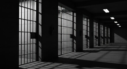 Grim, gray scale perspective of a prison corridor with cell doors