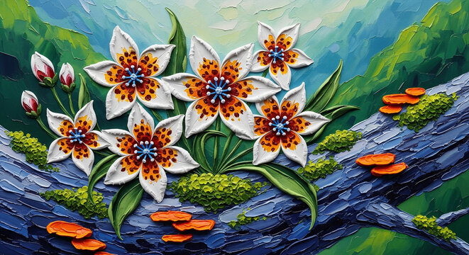 Exotic Impasto Wildflowers on Textured Mountain Branch, Relief Wallpaper, Mural Wallpaper, Wall Decor, 3D Render