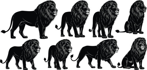 Lion illustrations, black and white lions, majestic lion poses, lion mane texture, lion silhouette art, lion posture variations, lion vector graphics © Md