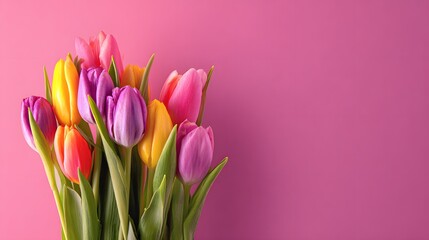 Fototapeta premium Vibrant Bouquet of Colorful Tulips Against a Pink Background.