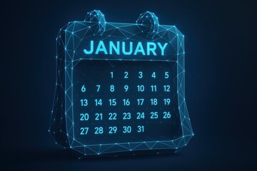 A calendar for January shows dates in a digital format using a wireframe style. The design features a blue neon glow and geometric shapes.