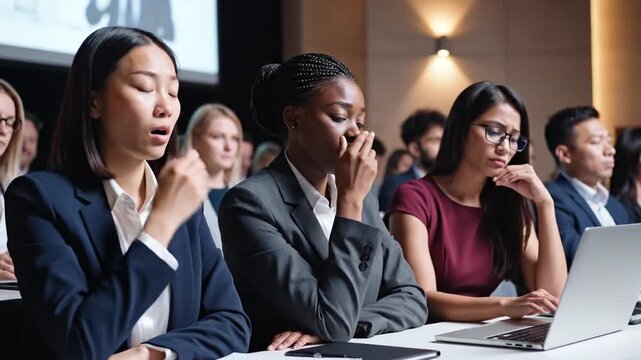 P50-tired multicultural businesswomen sitting on chairs during seminar. High quality 4K 10s