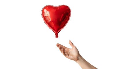 Hand holding red heart balloon isolated on transparent background
