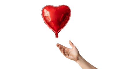Hand holding red heart balloon isolated on transparent background