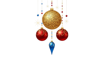 Hanging christmas ornaments isolated on transparent background