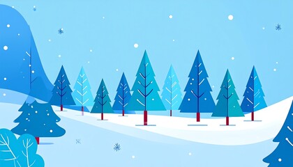 A stylized, bright blue winter landscape with snow-covered hills and rows of conifer trees