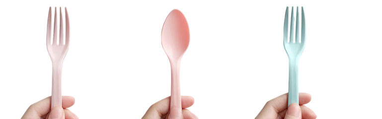 Three hands holding utensils two forks and a spoon on a black background