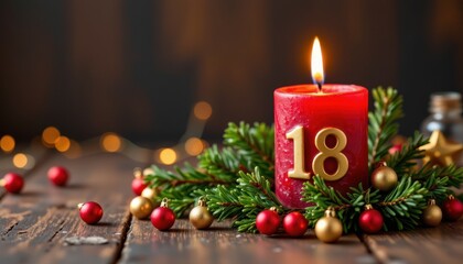Festive Red Candle with Number Eighteen Surrounded by Christmas Decor and Greenery on Wooden Table