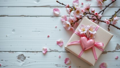 Beautifully Wrapped Gift Box with Pink Heart and Blossoms on Rustic Wood Background