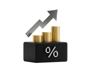 3D graphic showing gold coins stacked atop a block with a percent symbol and upward arrow