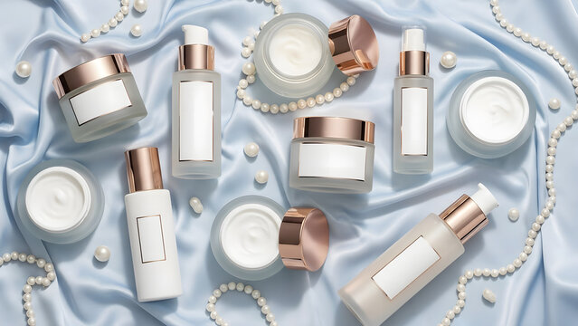 Luxury skincare products and pearl necklace arranged on silky fabric