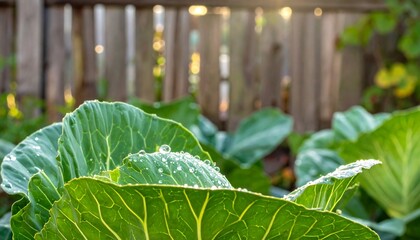 Close-up of dewy cabbage leaves in a backyard garden, with a fence