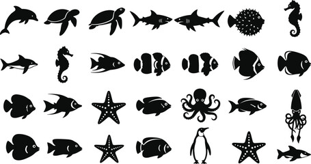 Fototapeta premium Sea creature silhouettes, marine animals, ocean life icons, dolphin, turtle, shark, fish, octopus, squid, penguin, seahorse, starfish, aquatic design