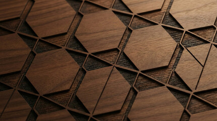 Contemporary Walnut Wood Texture with Laser-Cut Geometric Patterns and Luxury Modern Finish (8K).