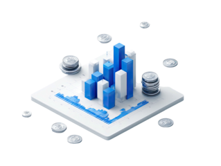 Isometric graphic displaying a bar graph amidst scattered coins on a white platform