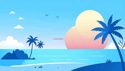 A serene vector illustration of a tropical seascape at sunset with palm trees, birds and gentle waves