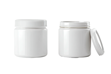 Two identical white jars with lids against a black background, one with the lid slightly ajar