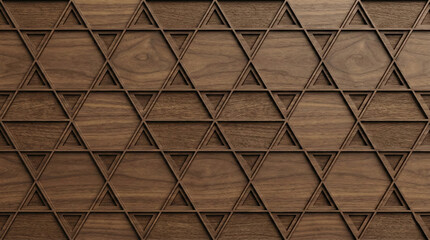 Contemporary Walnut Wood Texture with Laser-Cut Geometric Patterns and Luxury Modern Finish (8K).