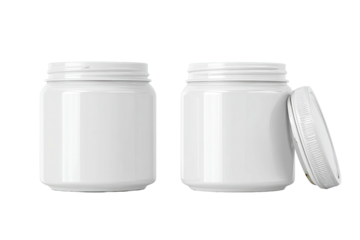 Two white jars, one with a lid, isolated against a dark backdrop, perfect for product display