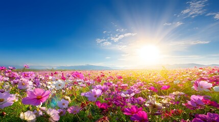 Naklejka premium Vibrant Field of Colorful Flowers Under a Bright Sunny Sky with Blue Clouds.