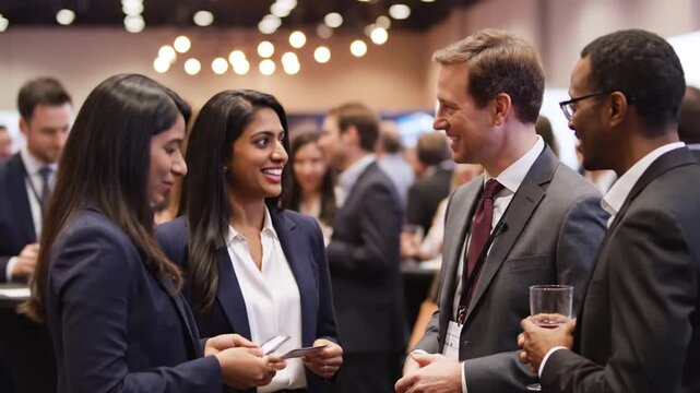 P65-Networking Event Blur A blurred background of a networking event in a conference hall with people m 4K 10s