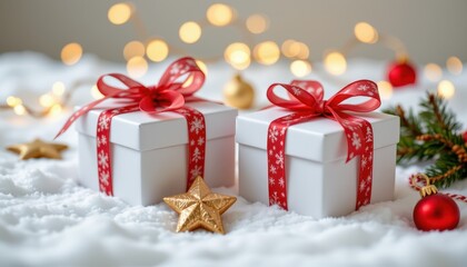 Obraz premium Festive Christmas Gifts Decorated with Red Ribbons Surrounded by Holiday Decorations and Soft White Snow