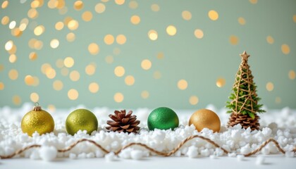 Obraz premium Festive holiday decorations with shiny ornaments, pine cones, and miniature Christmas tree on a snowy background