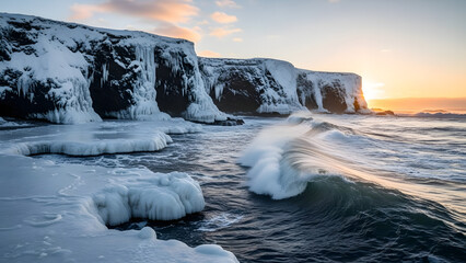 Dramatic coastal scene with towering snow and ice-covered cliffs overlooking a turbulent sea with powerful waves crashing against frozen shorelines, illuminated by golden light of a setting sun