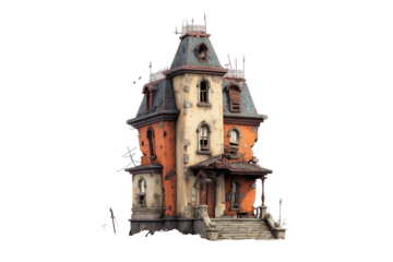 Cartoonish illustration of a spooky, dilapidated Victorian mansion with eerie vibes