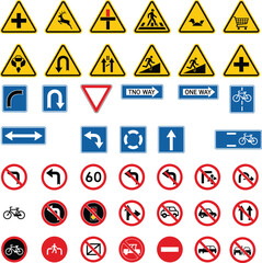 Traffic signs collection, road safety symbols, prohibition signs, mandatory signs, warning signs, driving rules, highway signage, transportation icons, vehicle regulation, pedestrian crossing