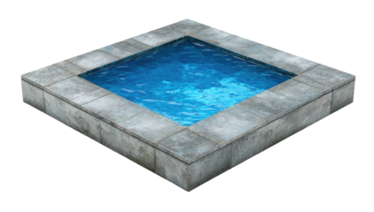 Isometric view of a square pool with stone border, filled with clear, rippling blue water