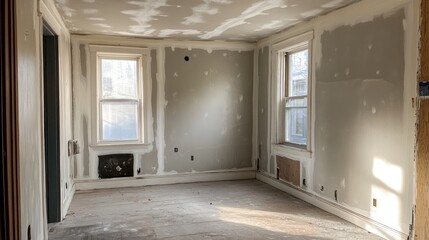 Empty Room Interior Under Renovation with Primed Walls, Unfinished Wooden Floor, and Bright Natural Light