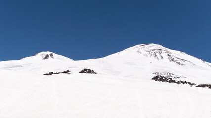 Two peaks of Elbrus, the Western peak and the Eastern peak in sunny weather, Russia