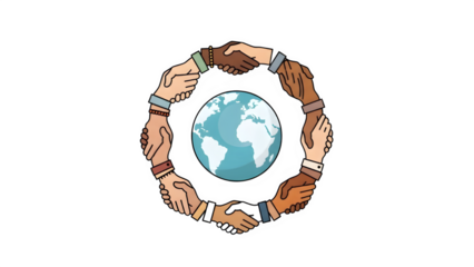Diverse hands encircle the earth isolated on transparent background