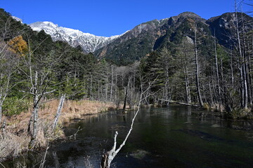 秋の上高地　紅葉と雪化粧