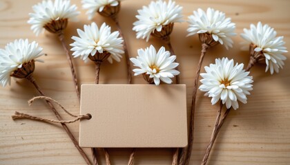 Obraz premium Natural White Flowers with Empty Tag on Wooden Background for Creative Projects