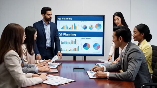 P84-Business people and presentation in boardroom on meeting for planning and conversation as partner Bl 4K 10s