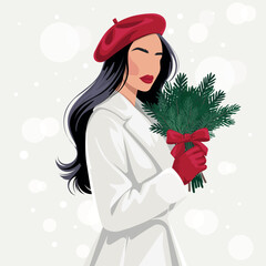 Elegant faceless winter woman in white coat with red beret and gloves holding fir branches bouquet, modern minimalist vector portrait with soft snow bokeh&mdash;perfect for Christmas and New Year greeting.