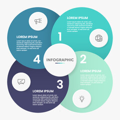 Four-color pie chart with business icons. Infographic diagram template.