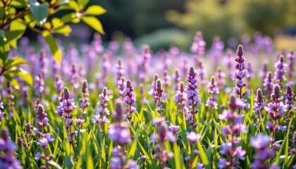 Vibrant Field of Purple Flowers Under Soft Natural Light in a Blooming Garden Setting