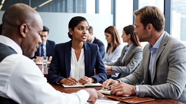 P85-Office Meeting Room with Businesspeople in a Blurred Background Emphasizing a Professional Atmosphe 4K 10s