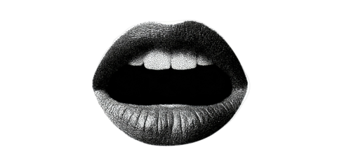 A grayscale close-up of open lips revealing teeth, set against a solid black background