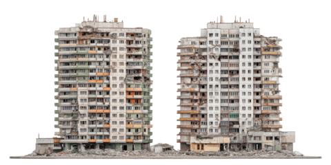 Two crumbling high-rise buildings show signs of damage and decay against a black background