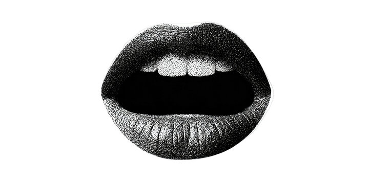 A grayscale close-up of open lips revealing teeth, set against a solid black background