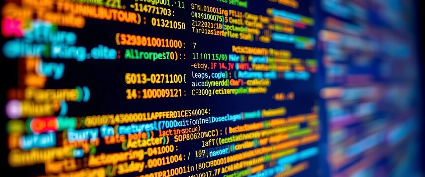 Close-up of a glowing computer screen displaying complex code, binary digits, and digital circuitry, dark, futuristic