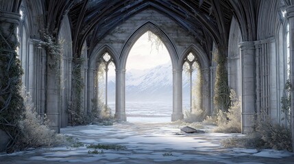 Naklejka premium Snowy Gothic Ruins Overlooking Frozen Mountain Lake