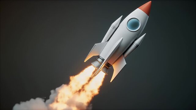 A cartoon-style rocket takes off against a dark grey background. Orange flames erupt, leaving a trail of white smoke