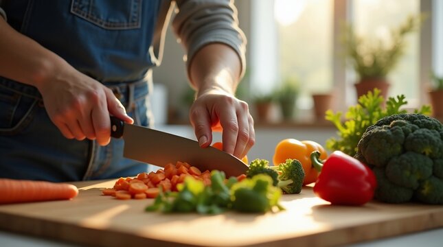 Person chopping fresh vegetables on a wooden cutting board for a healthy meal