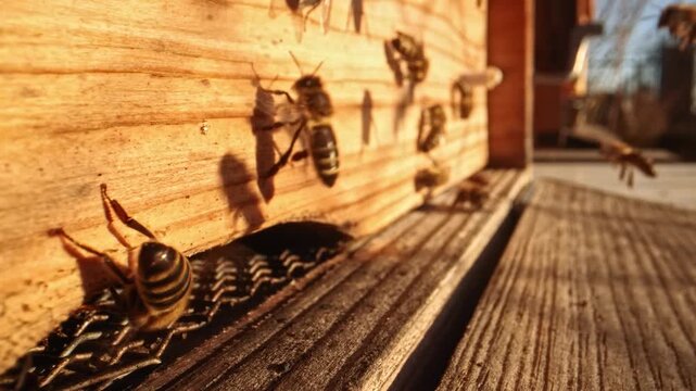 Close up view of beehive life with honey bees flying in and away. Wide angle macro slow motion take of frontal space of wooden beehive with fast exchanging of many bee bodies during sunny day.