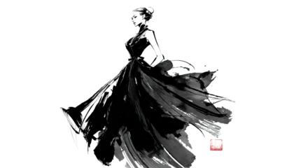 Elegant ink drawing of a woman in a flowing black gown. Posed with dynamic movement